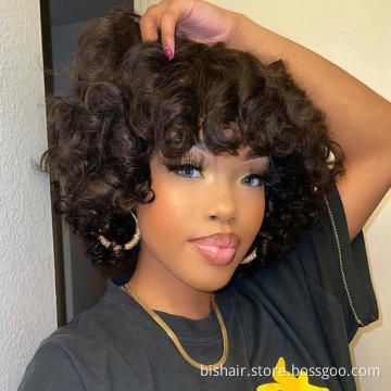 Wholesale Rose Curly Human Hair Wig With Bangs Full Machine Made Deep Wave Short Bob For Women Water Virgin Brazilian Pixie Cut